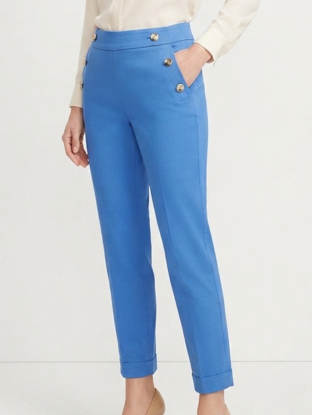 LOFT Blue Sailor Pants Women's High Waisted Button Detail Trousers Preppy